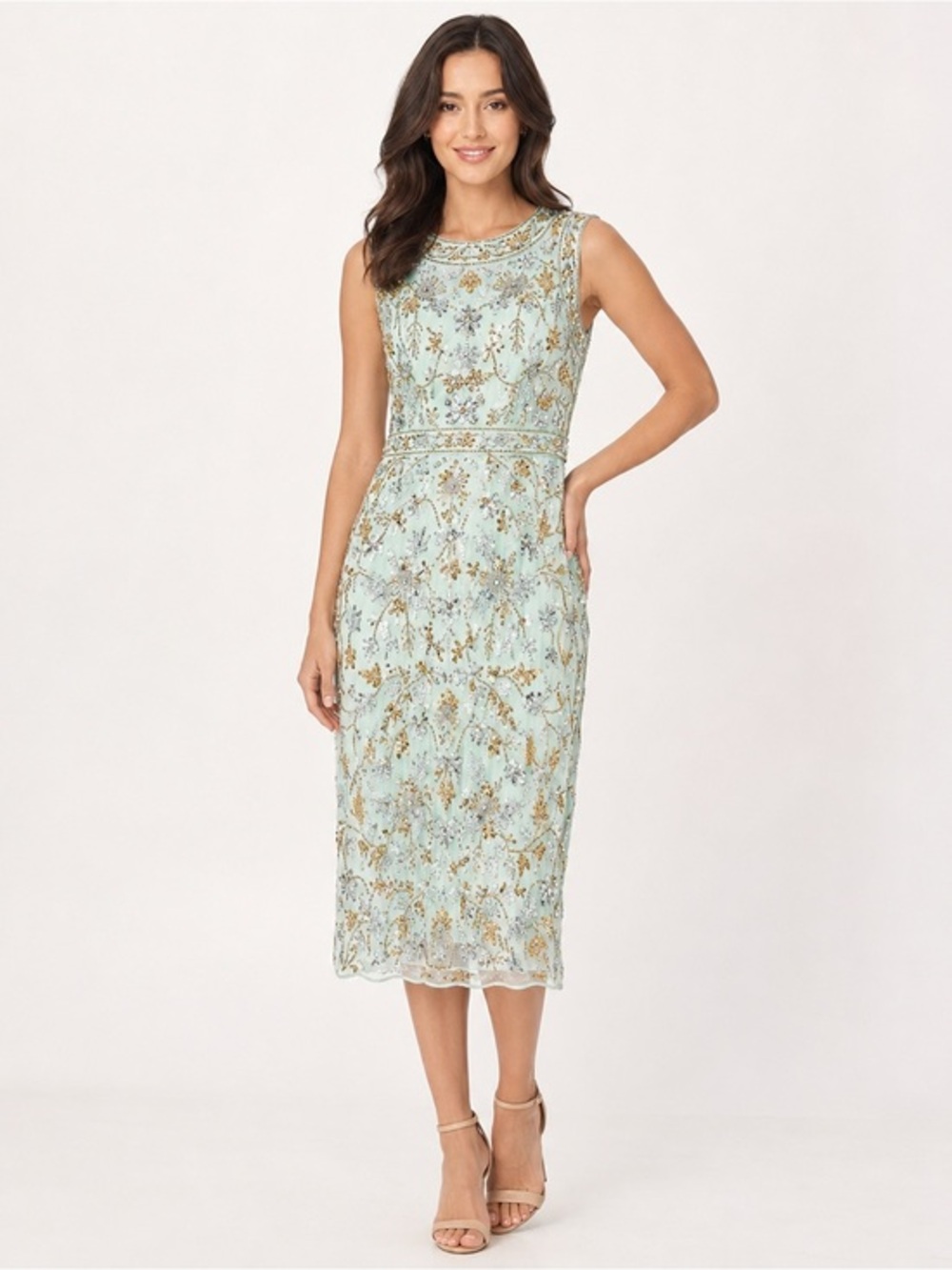 Mac Duggal Size 14 Mint Green Sequin Beaded Floral Midi Column Dress NWT sparkle
